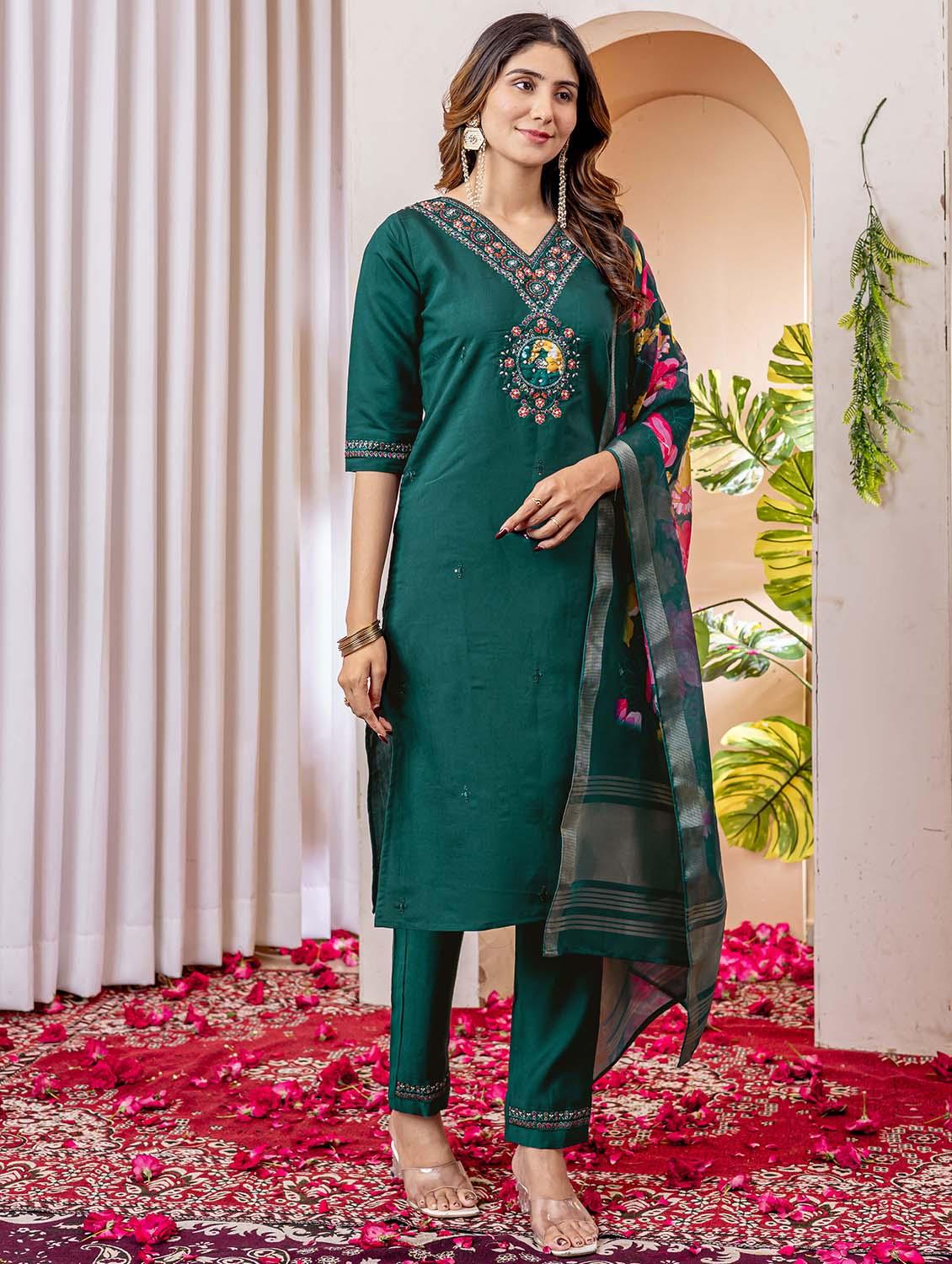 women embroidered three quarter sleeve kurta pant with dupatta set - 22053782 - Standard Image - 1