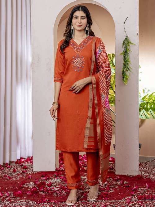 women embroidered three quarter sleeve kurta pant with dupatta set - 22053783 -  Standard Image - 0