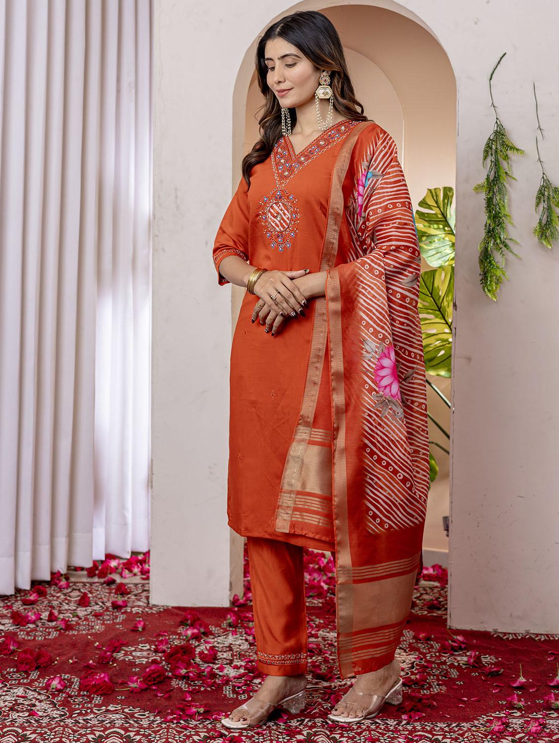 women embroidered three quarter sleeve kurta pant with dupatta set - 22053783 - Standard Image - 1