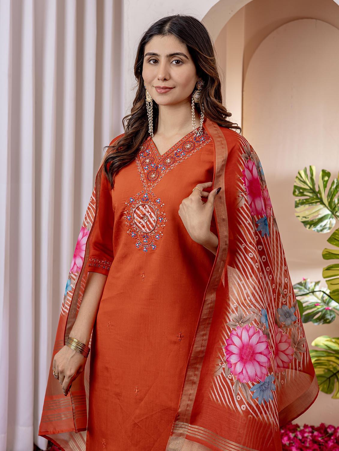 women embroidered three quarter sleeve kurta pant with dupatta set - 22053783 - Standard Image - 4