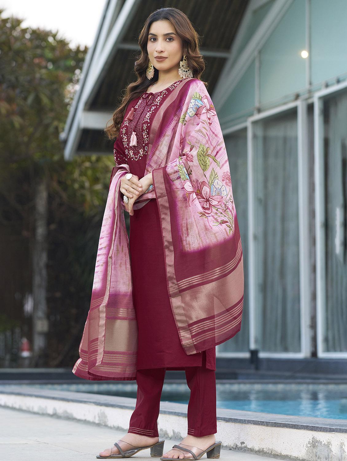 women embroidered three quarter sleeve kurta pant with dupatta set - 22053785 - Standard Image - 1