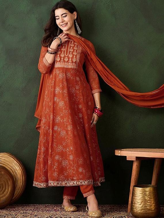 orange georgette straight kurta - 22053791 - Standard Image - 1