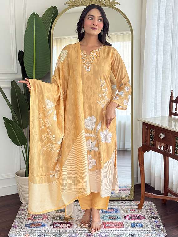 women embroidered long sleeve kurta pant with dupatta set