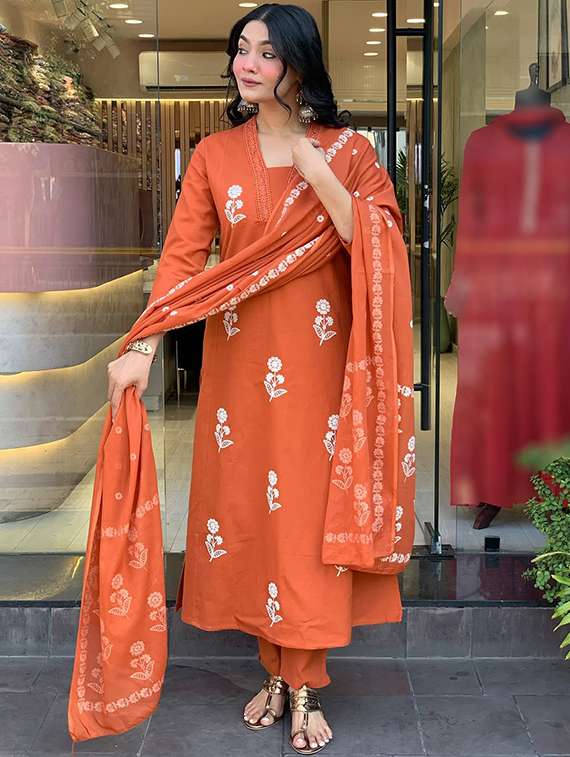 women embroidered three quarter sleeve kurta pant with dupatta set - 22053814 -  Standard Image - 1