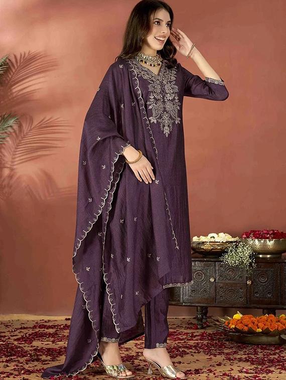 purple silk blend straight kurta - 22053817 - Standard Image - 1