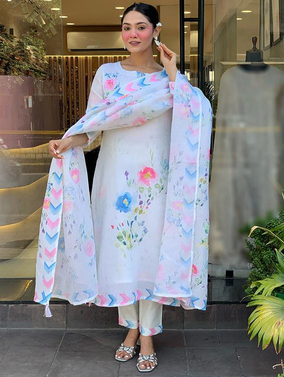 white linen blend straight kurta - 22053819 -  Standard Image - 1