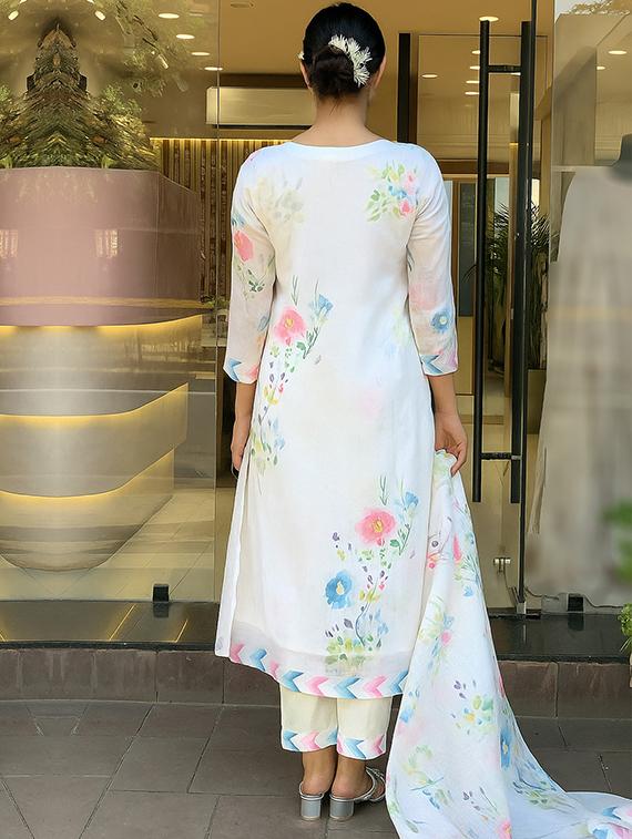 white linen blend straight kurta - 22053819 - Standard Image - 4