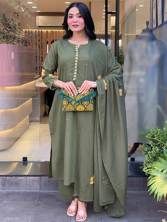 olive chanderi straight kurta - 22053860 -  Standard Image - 1