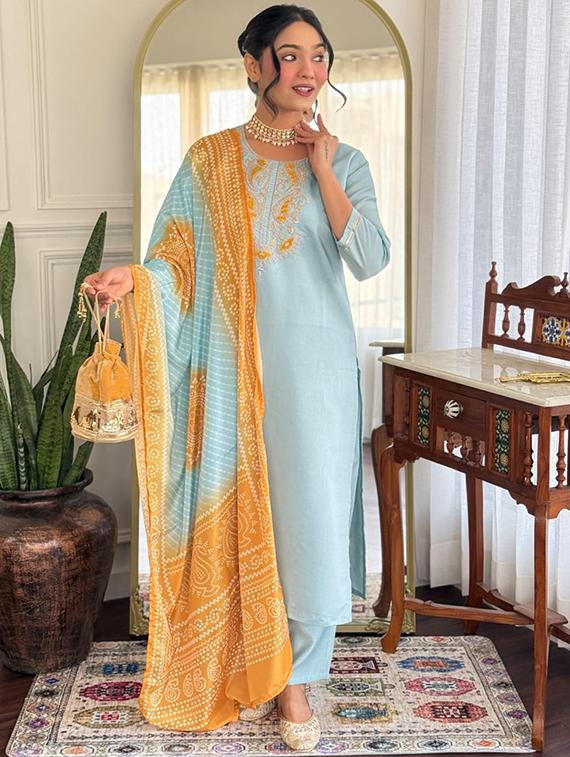 light blue chanderi straight kurta - 22053861 -  Standard Image - 1