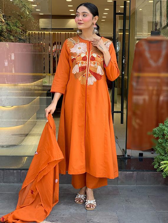 orange chanderi straight kurta - 22053862 - Standard Image - 1