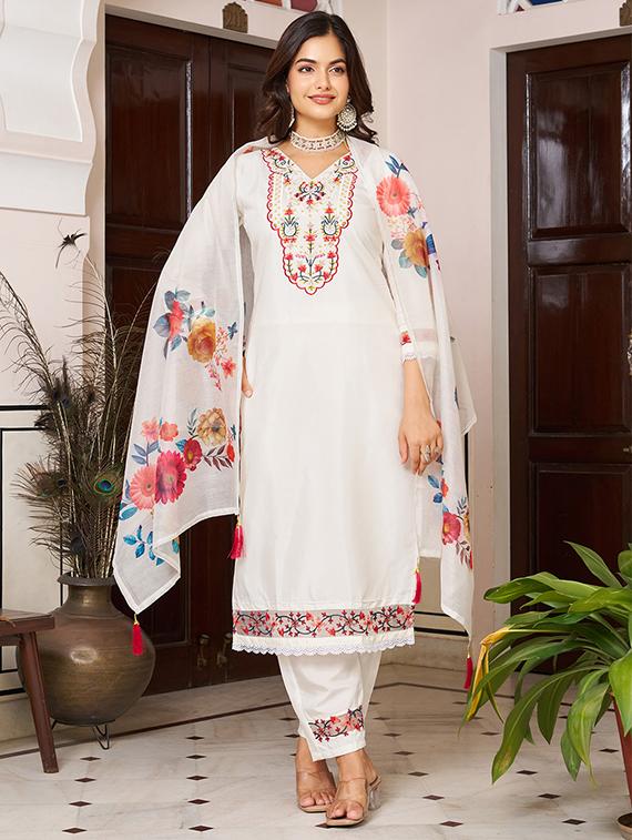 off white chanderi straight kurta - 22053865 - Standard Image - 4