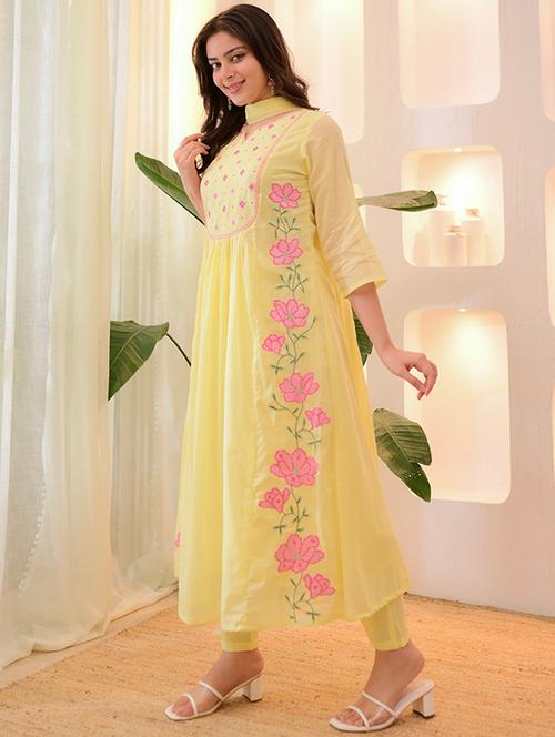 yellow silk blend straight kurta - 22053867 -  Standard Image - 0