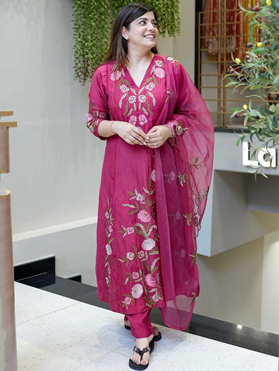 magenta chanderi straight kurta - 22053869 -  Standard Image - 1