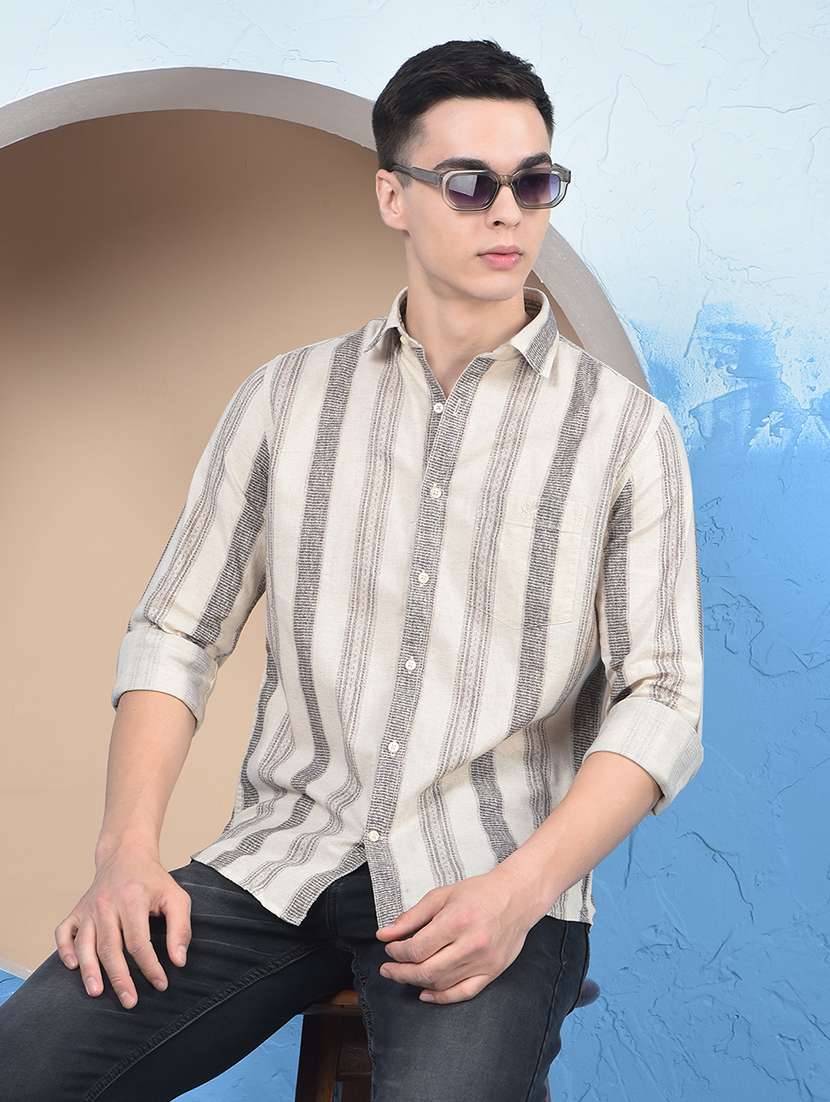 men striped mandarin neck long sleeve straight kurta