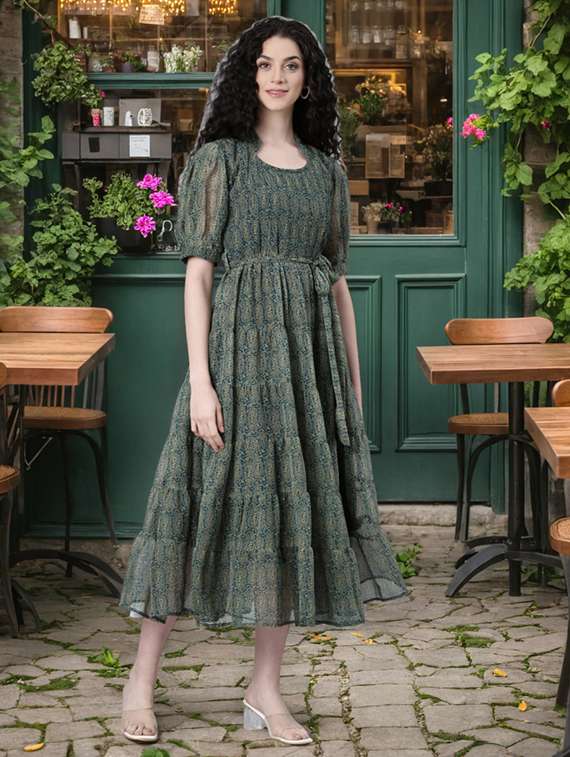 women printed puff sleeve tiered dress