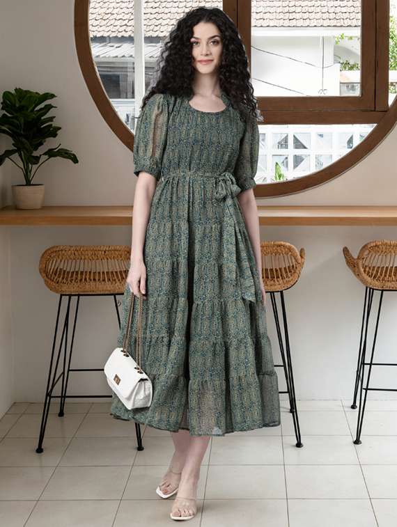 women printed puff sleeve tiered dress - 22053946 -  Standard Image - 1
