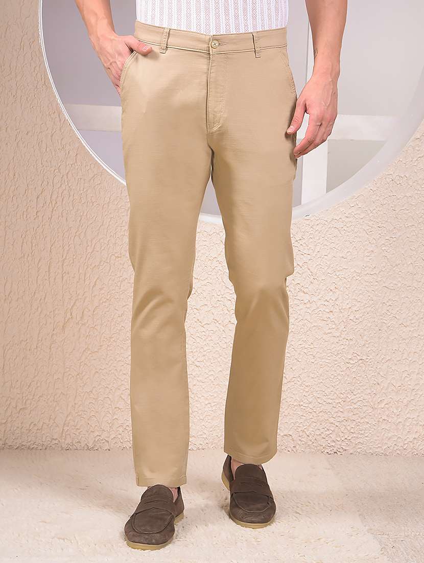 men solid mid rise flat front casual chinos 