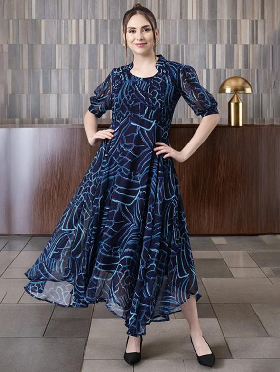 women printed puff sleeve asymmetric dress - 22054105 - Standard Image - 1