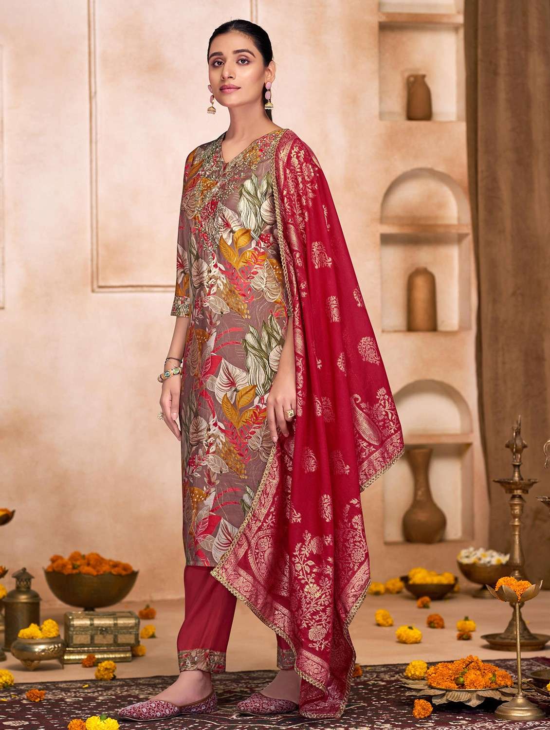women floral three quarter sleeve kurta pant with dupatta set - 22054124 - Standard Image - 1