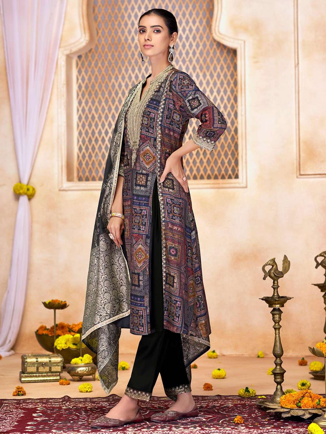 women three quarter sleeve kurta pant with dupatta set - 22054135 -  Standard Image - 1