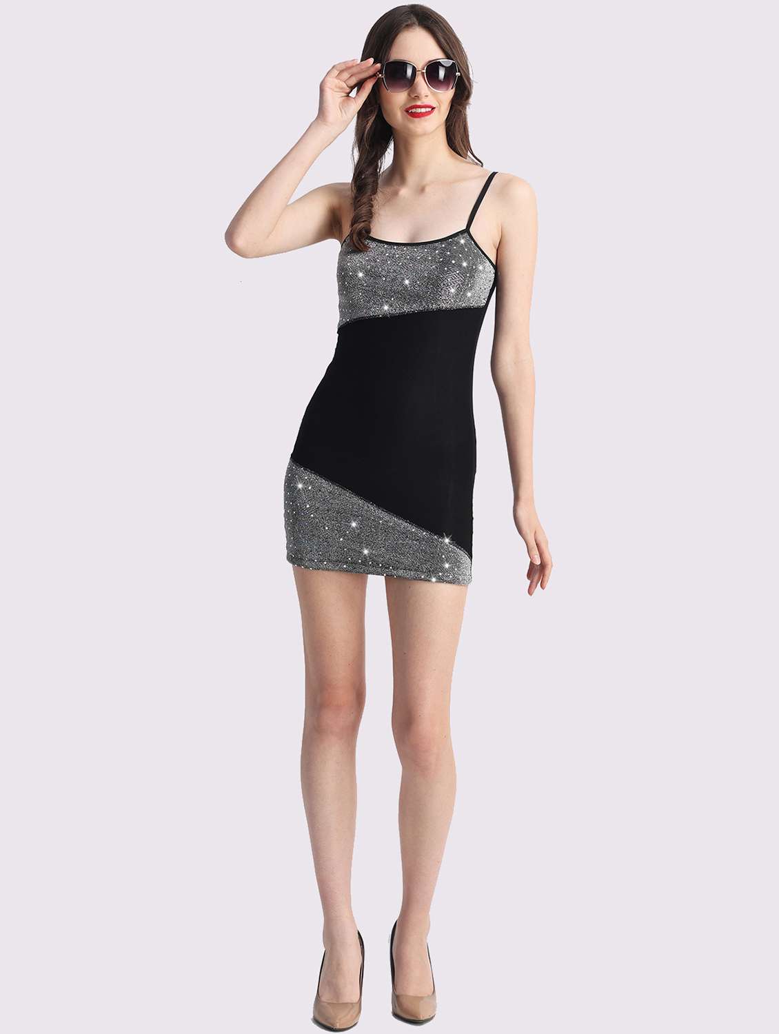 women emebllished shoulder strap bodycon dress