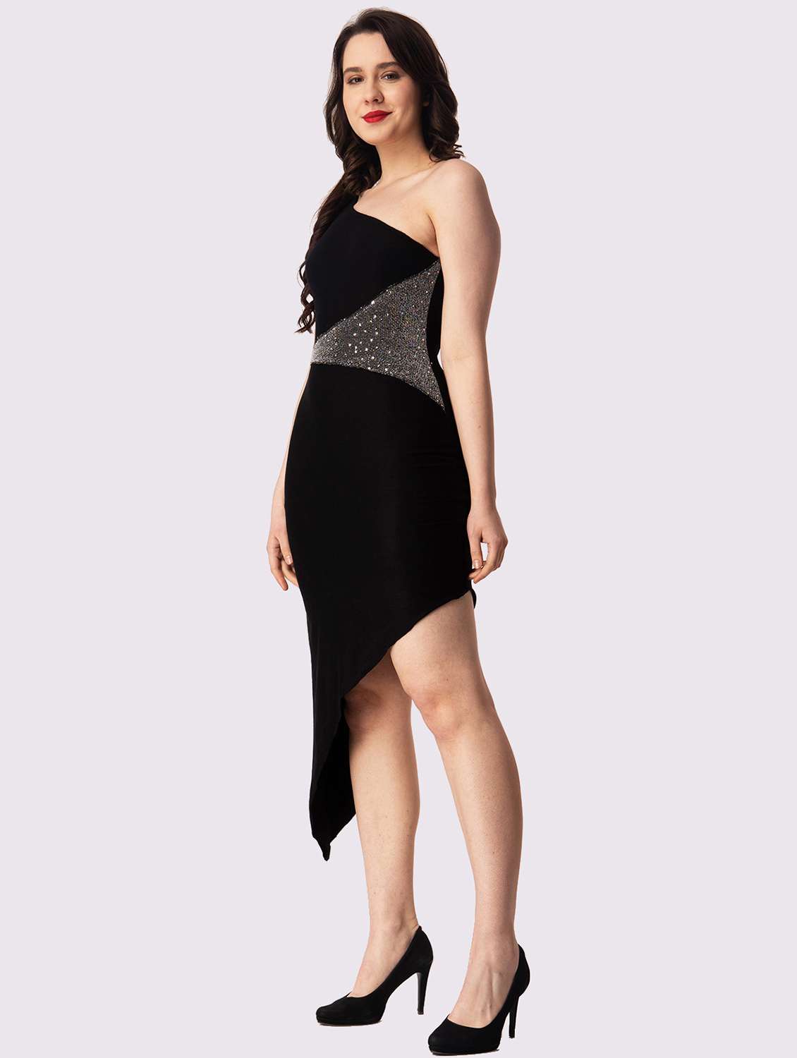 women embeliished single shoulder asymmetric bodycon dress - 22054159 -  Standard Image - 1
