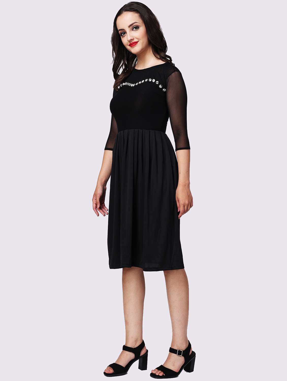 women black emebllished fit & flare dress - 22054169 - Standard Image - 1