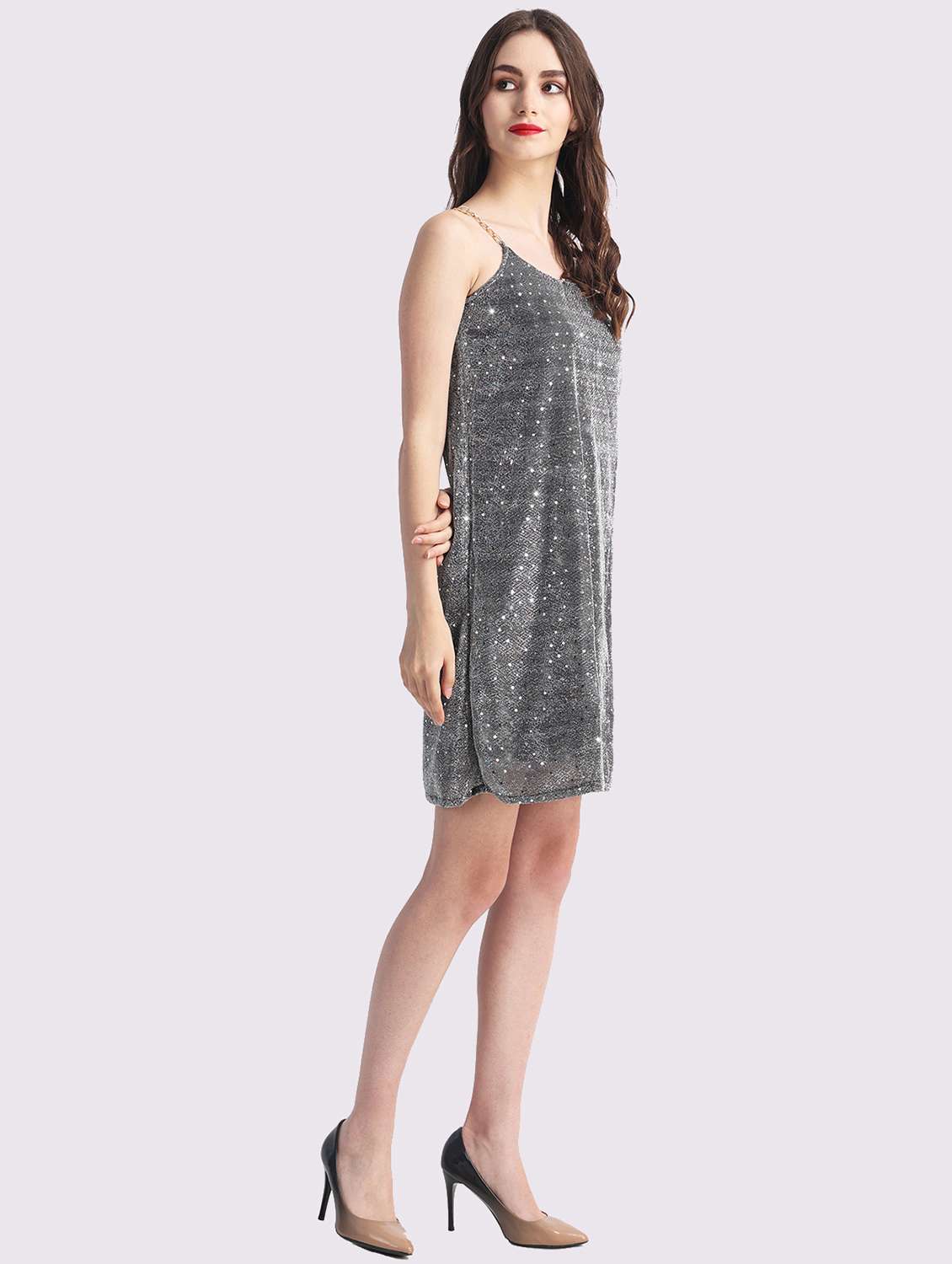 women sequined shoulder strap a-line dress - 22054171 -  Standard Image - 1