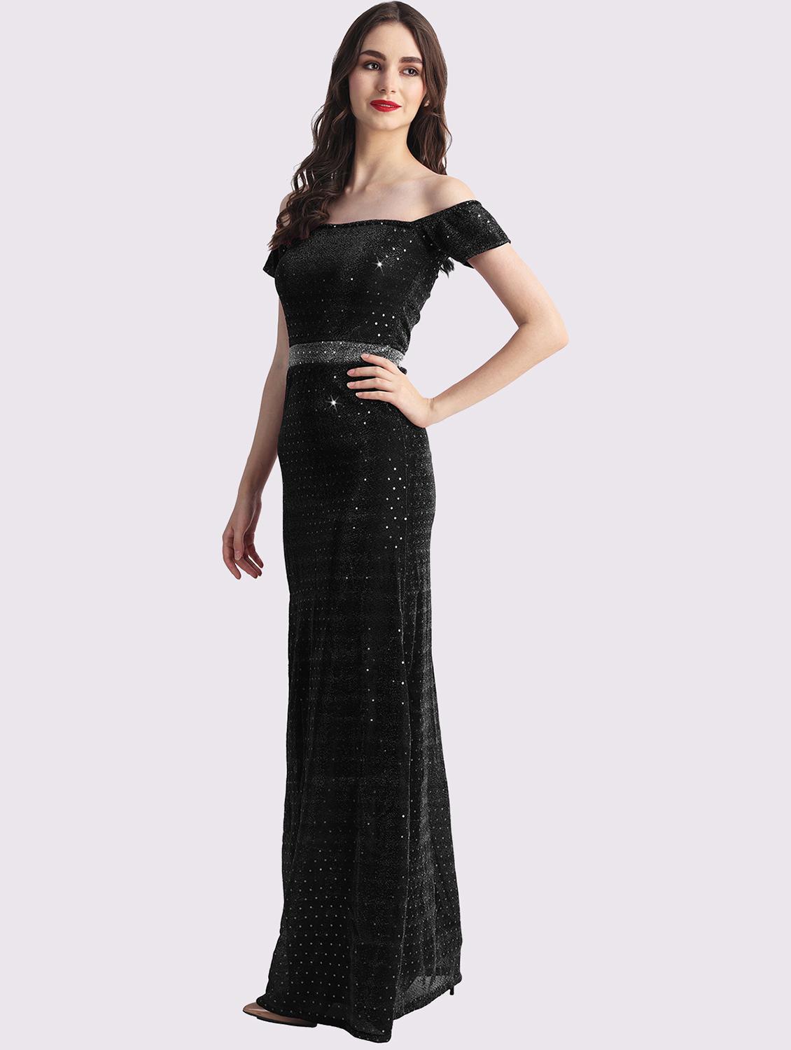 women black sequined off shoulder a-line dress - 22054174 - Standard Image - 1