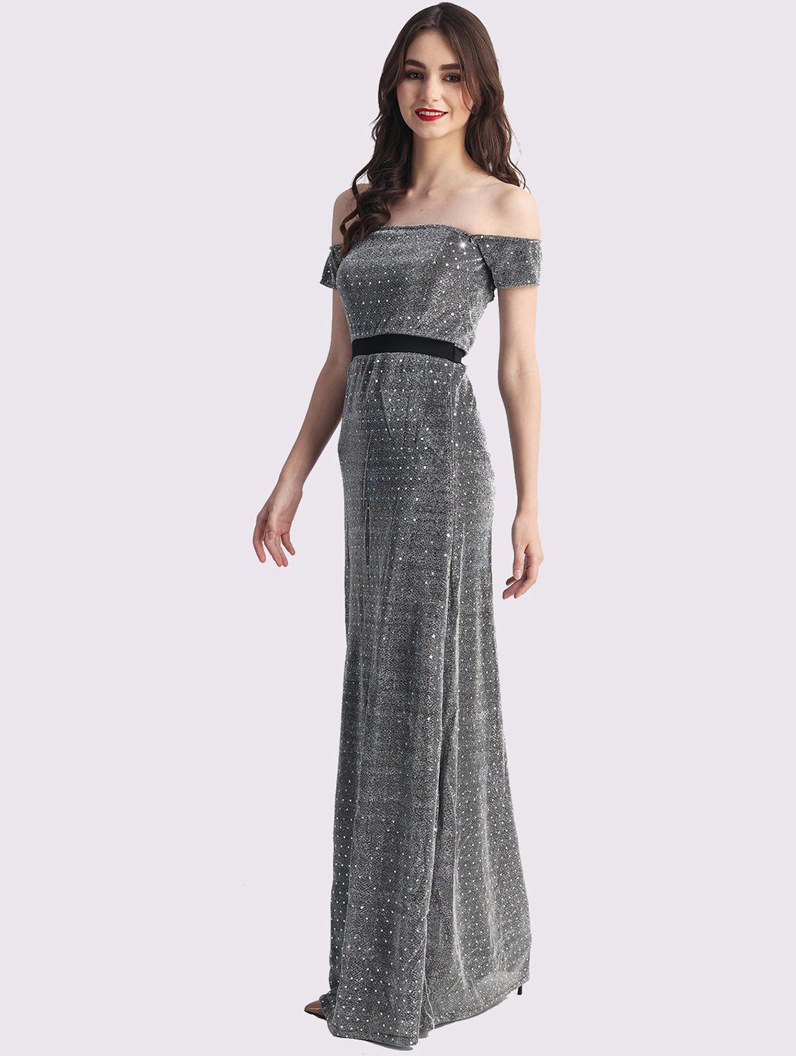 women grey sequined off shoulder a-line dress - 22054175 - Standard Image - 1