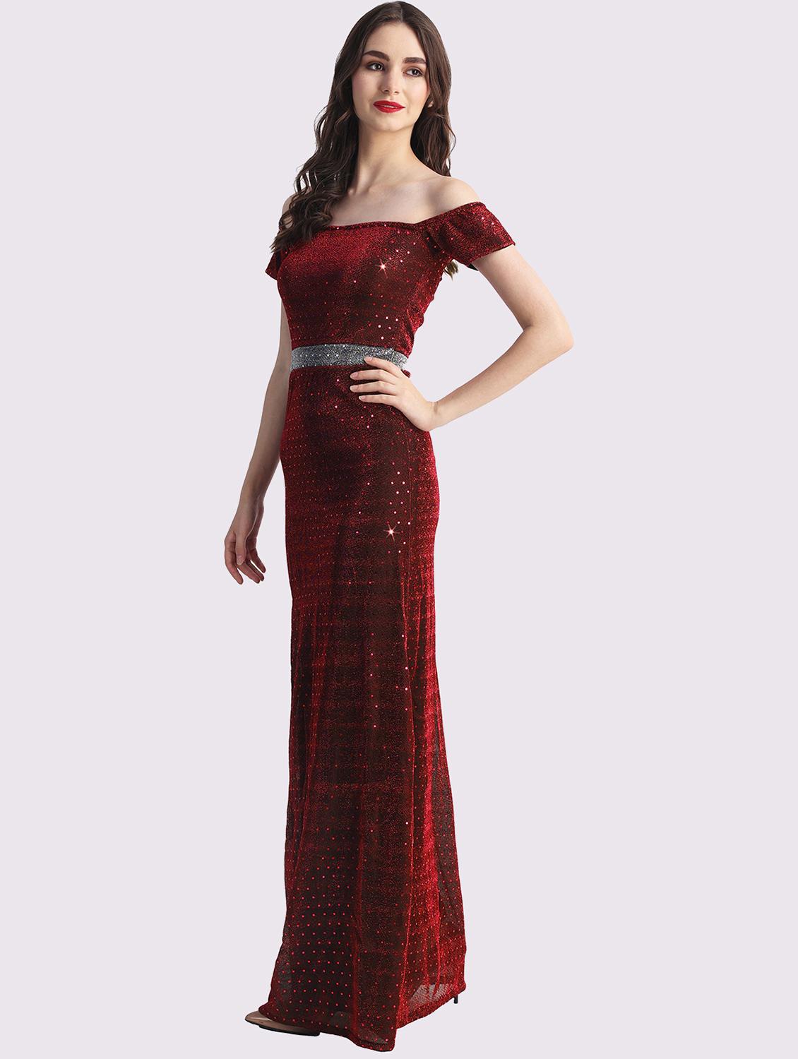 women marron sequined off shoulder a-line dress - 22054176 - Standard Image - 1