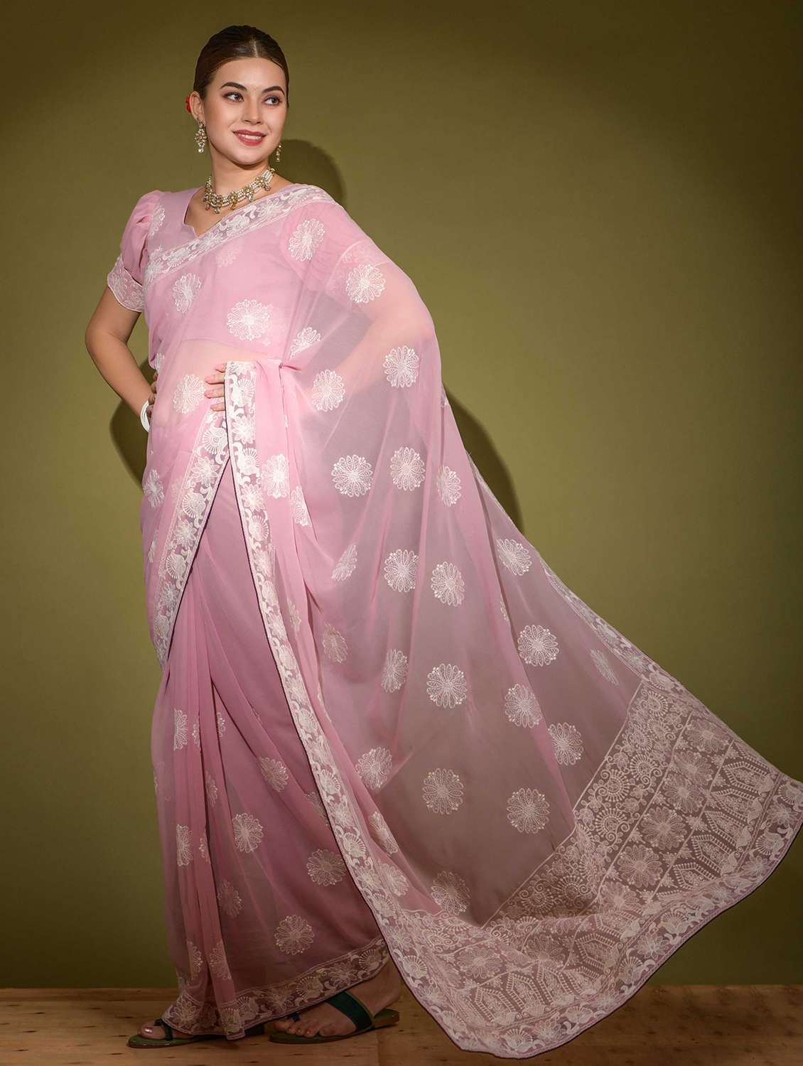 women solid with work embroidered saree with blouse - 22055066 -  Standard Image - 1