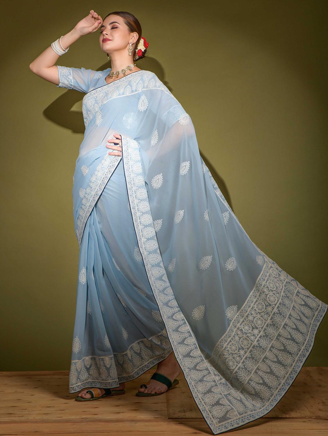 women solid with work embroidered saree with blouse - 22055067 - Standard Image - 1