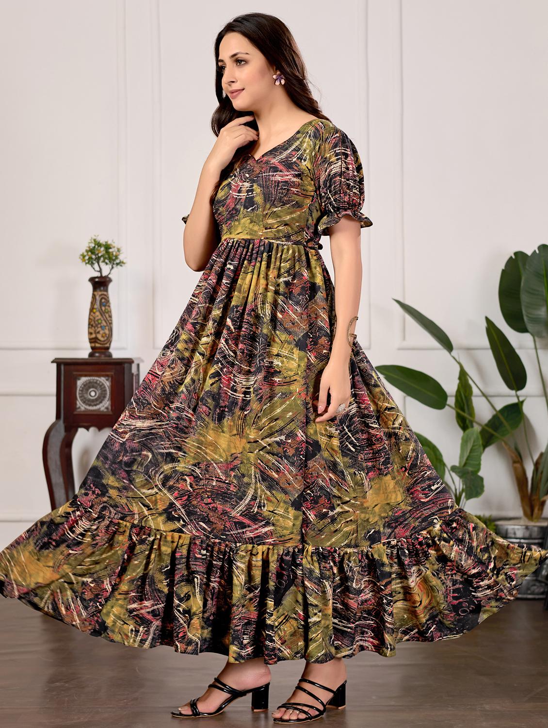women printed puff sleevev tiered maxi dress - 22055069 - Standard Image - 1