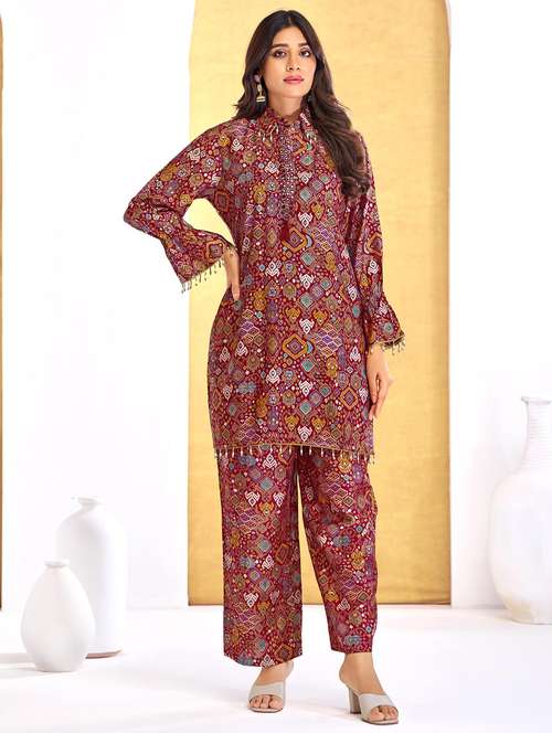 women printed long sleeve regular fit ethnic co-ord set