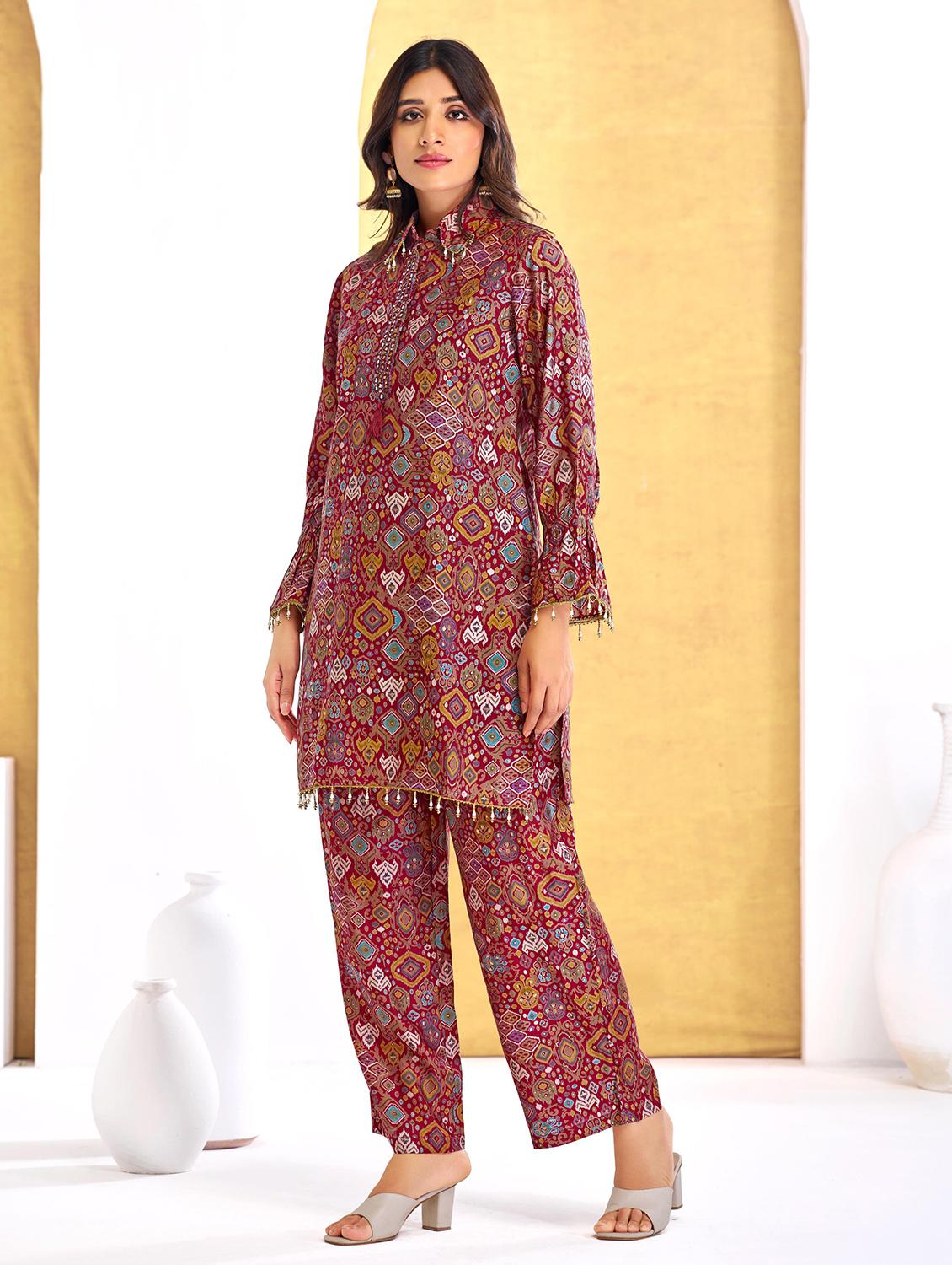 women printed long sleeve regular fit ethnic co-ord set - 22055072 - Standard Image - 1