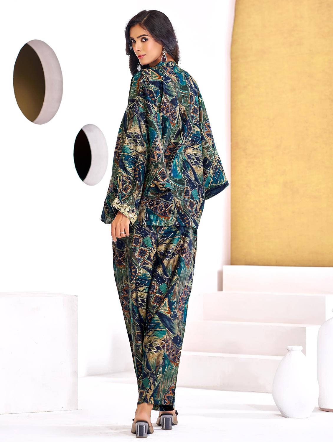 women printed kimono sleeve regular fit ethnic co-ord set - 22055074 - Standard Image - 1