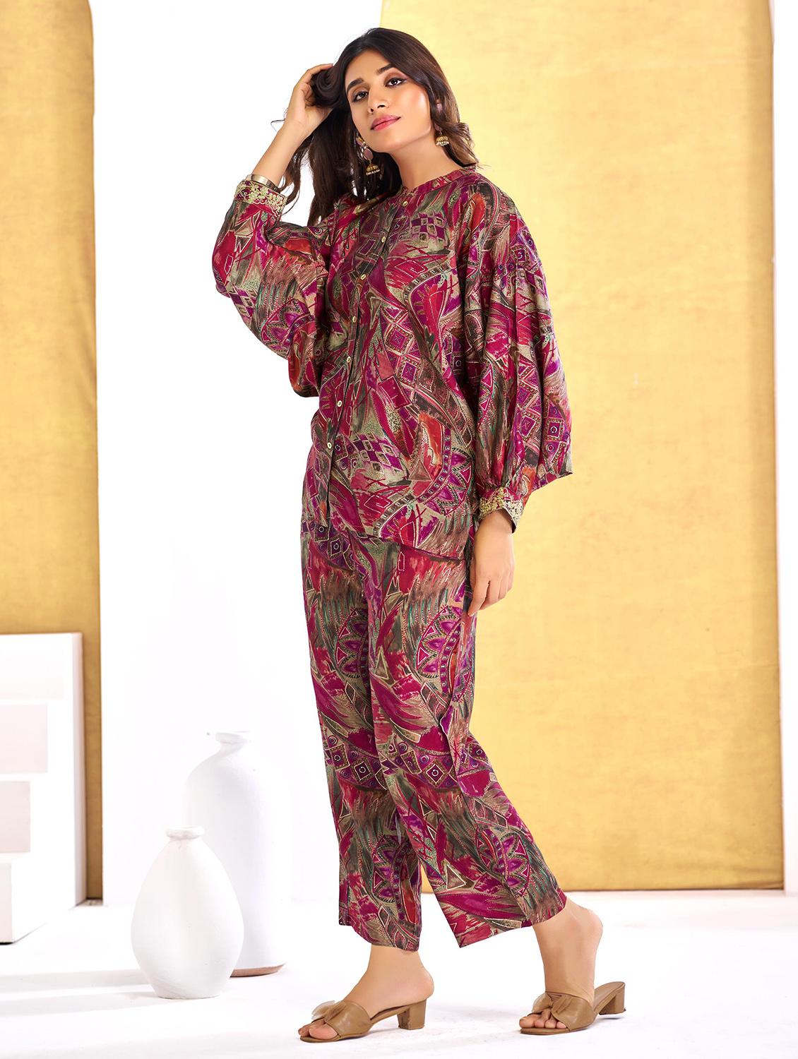 women printed kimono sleeve regular fit ethnic co-ord set - 22055075 - Standard Image - 1