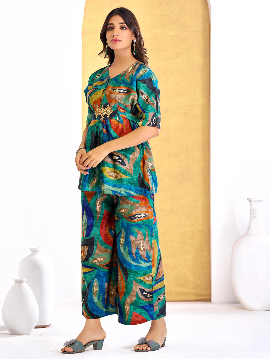 women printed short sleeve regular fit ethnic co-ord set - 22055076 - Standard Image - 1