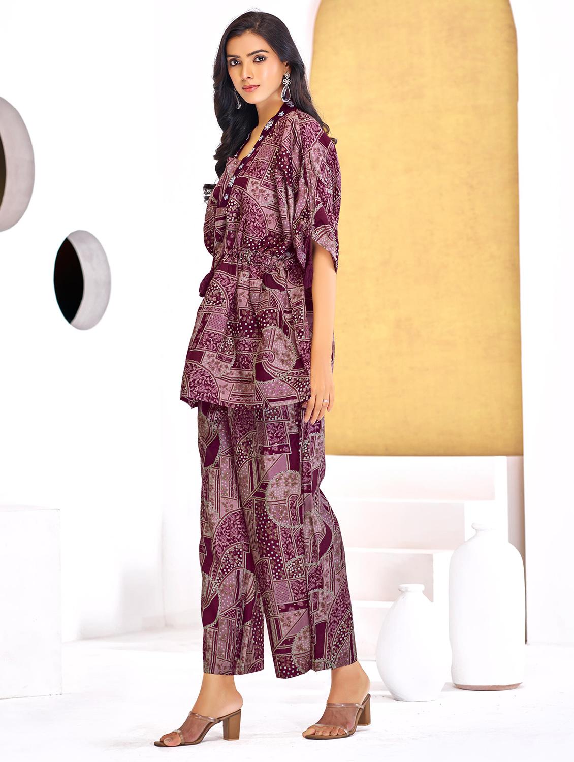 women printed kimono sleeve regular fit ethnic co-ord set - 22055078 - Standard Image - 1