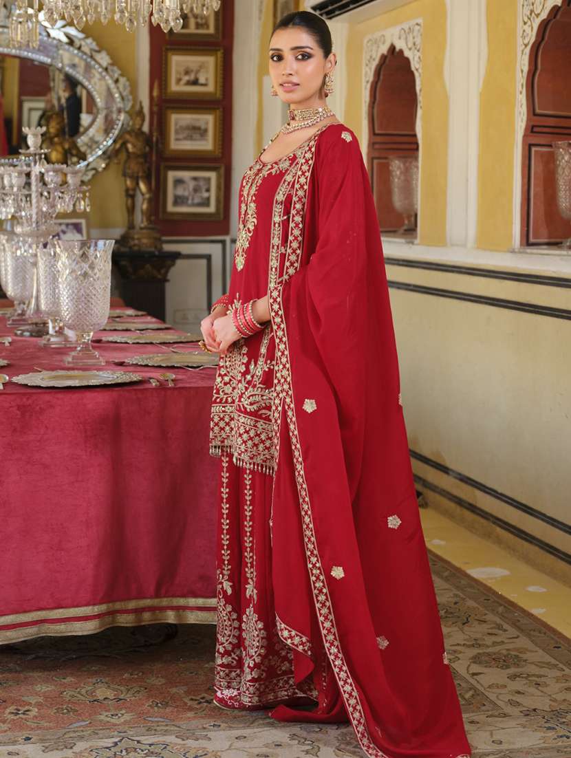 women embroidered three quarter sleeve kurta sharara with dupatta set - 22055090 -  Standard Image - 1