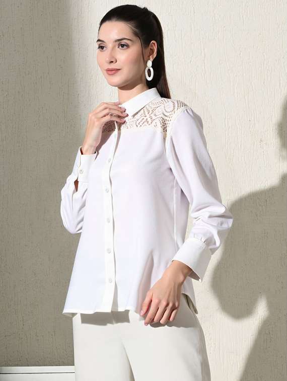 women solid collared long sleeve shirt - 22055121 -  Standard Image - 1