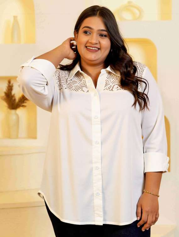 women plus size solid collared long sleeve shirt - 22055125 -  Standard Image - 1