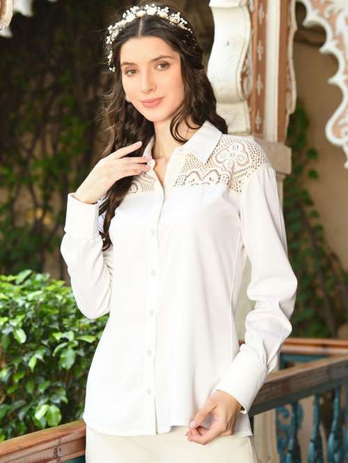 women solid collared long sleeve shirt - 22055127 -  Standard Image - 0