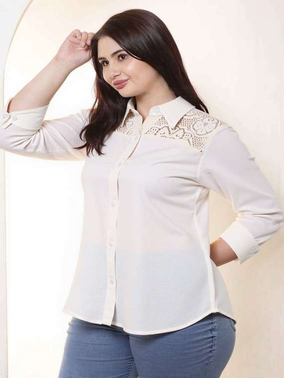 women plus size solid collared long sleeve shirt - 22055128 - Standard Image - 1