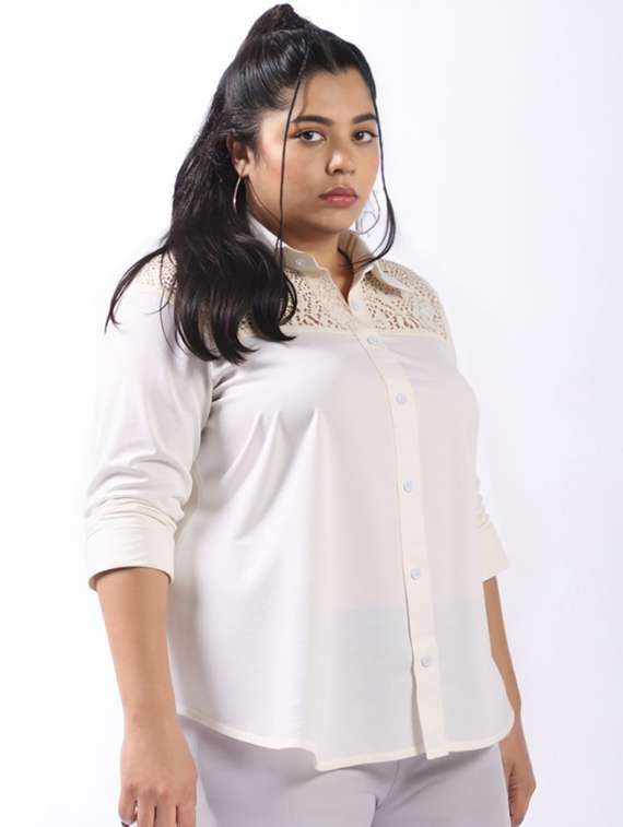 women plus size solid collared long sleeve shirt - 22055129 -  Standard Image - 1