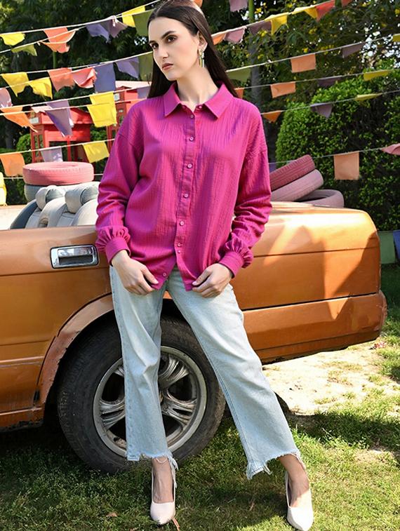 women solid collared long sleeve relaxed fit shirt - 22055136 - Standard Image - 1