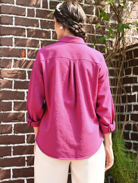 women solid collared long sleeve relaxed fit shirt - 22055138 - Standard Image - 1