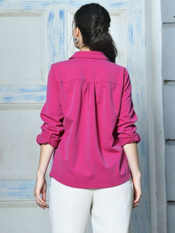 women solid collared long sleeve relaxed fit shirt - 22055140 - Standard Image - 1