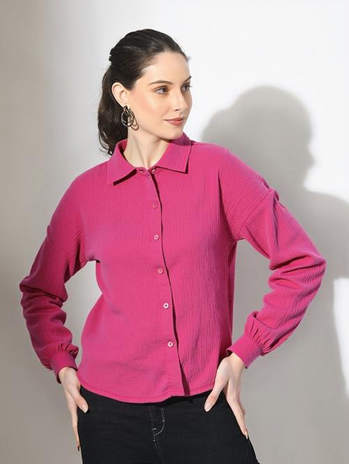 women solid collared long sleeve relaxed fit shirt - 22055145 - Standard Image - 0